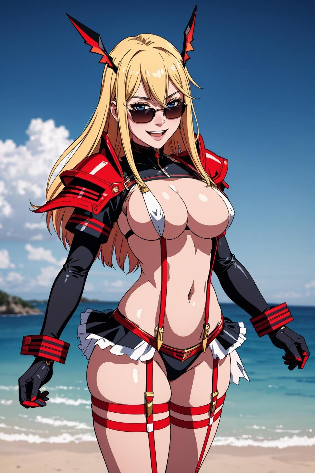 ((Masterpiece, best quality,edgQuality)),smile,excited,edgKLK,skirt, gloves,midriff,  underboob, suspenders, revealing clothes,wearing edgKLK_outfit,shoulder armor, <lora:edgKilllaKill_nai:0.85>Blonde Nadia with sunglasses and a choker  <lora:Ultimate_Nadia:0.5>