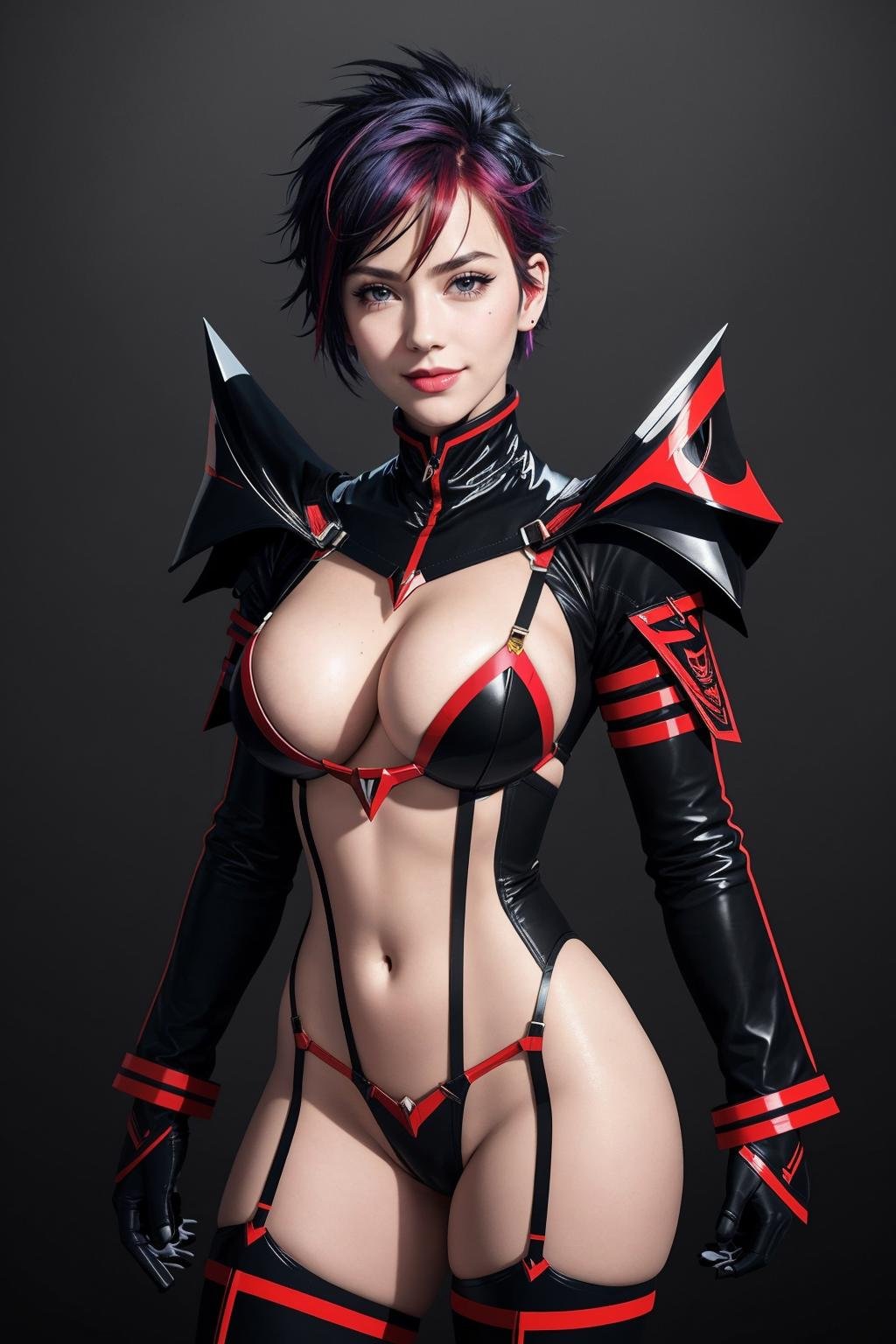 ((Masterpiece, best quality,edgQuality)),edgKLK, smile, short hair, large breasts, cleavage, multicolored hair, boots, clothing cutout, thigh boots, cleavage cutout, black background, mature female, rainbow hair ,wearing edgKLK_outfit<lora:edgKilllaKill_nai:1>