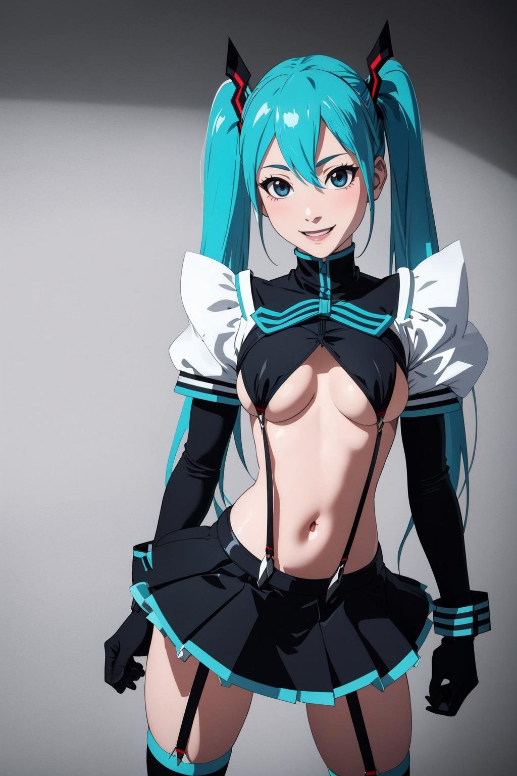 ((Masterpiece, best quality,edgQuality)),smile,excited,hatsune mikuedgKLK,skirt, gloves,midriff,  underboob, suspenders, revealing clothes,wearing edgKLK_outfit <lora:edgKilllaKill_nai:0.9>