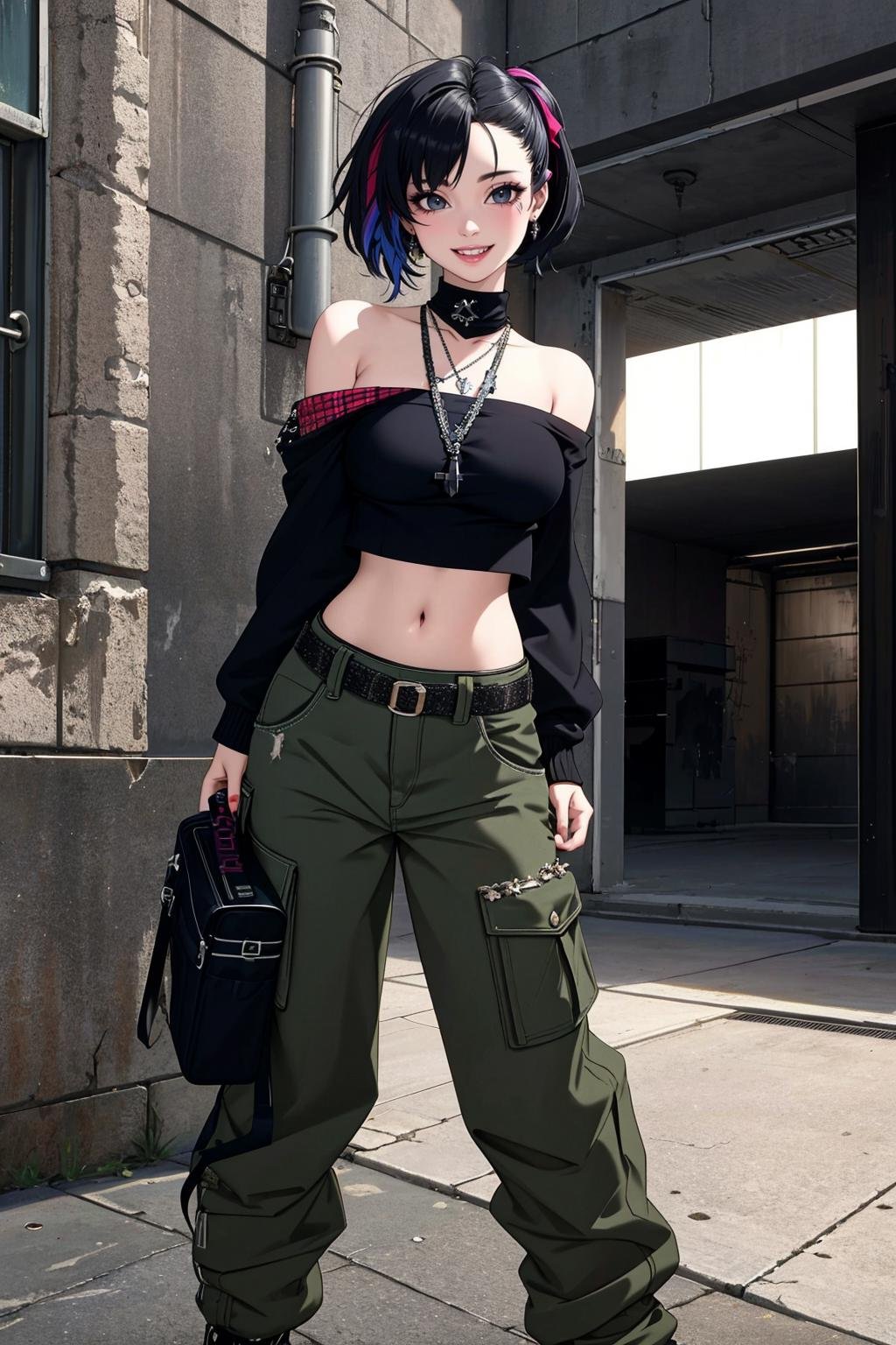 ((Masterpiece, best quality,edgQuality)),solo,1girl,smiling,excited,edgGrunge, a woman posing for a picture ,wearing edgGrunge fashion,cargo pants,off shoulder turtleneck <lora:edgGrungeFreestyle:1>