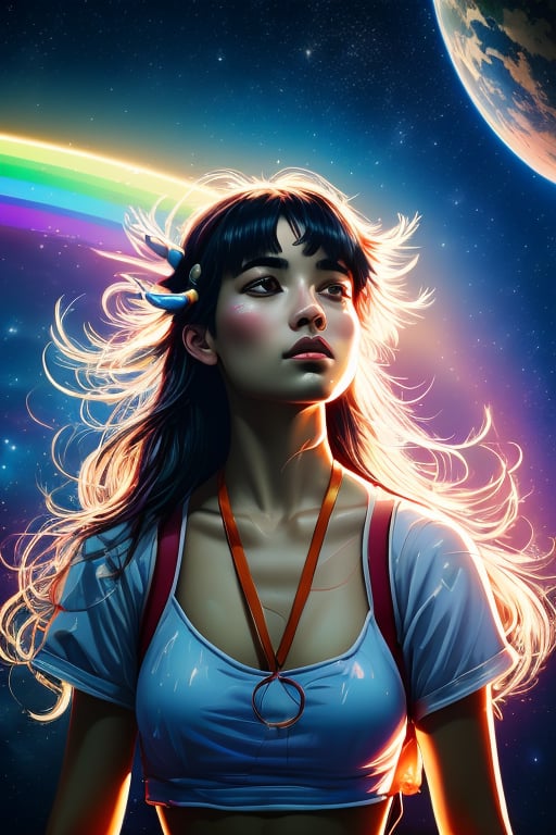 cyberpunk digital painting of princess mononoke,  in space,  meditation,  cosmic space,  exuding enlightenment,  rainbow colors,  flowers everywhere,  stars and space,  vulmetric lighting,  8k resolution,  highly detailed