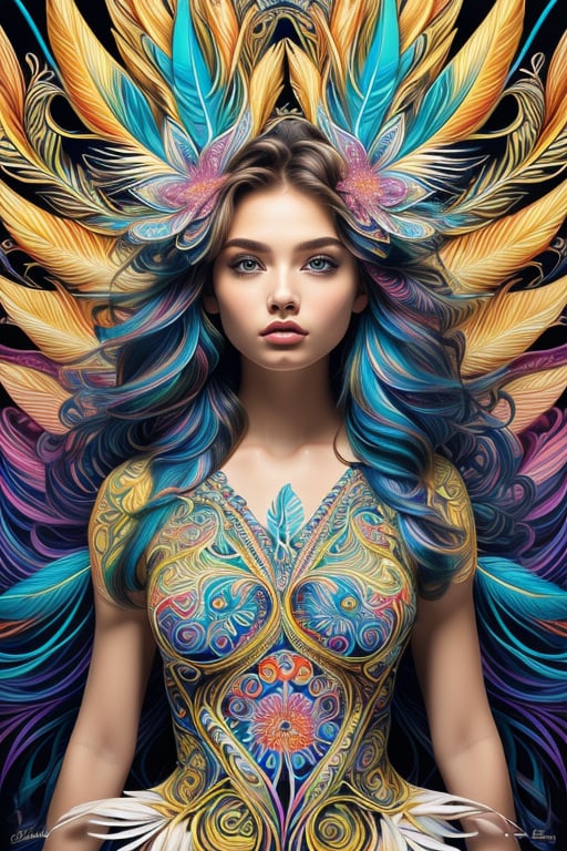 psychedelic art,  (masterpiece,  top quality,  best quality,  official art,  beautiful and aesthetic:1.2),  (1girl),  extremely detailed, (fractal art:1.1), (colorful:1.1)(flowers:1.3), highest detailed, (zentangle:1.2),  (dynamic pose),  (abstract background:1.3),  (many colors:1.4),  (feathers:1.5),  (look at the viewer:1.2),  (cowboy shot:1.2)