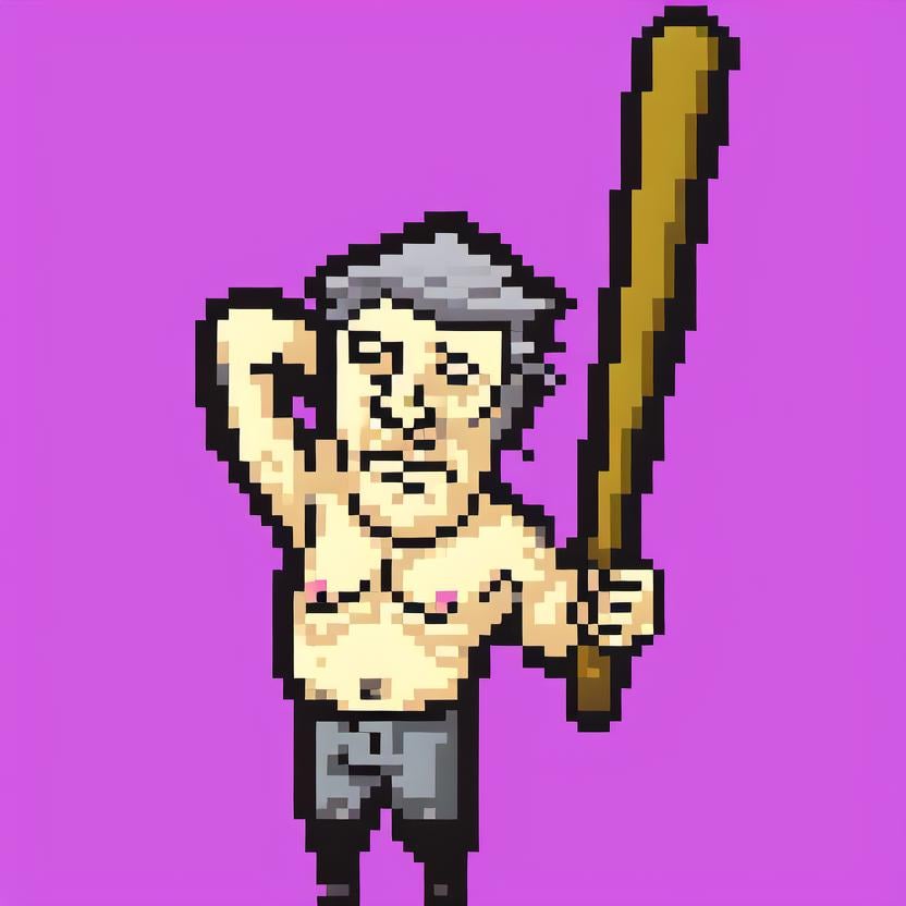 lisathepointless, solo, purple background, full body, 1boy, male, standing, grey hair, shirtless, nipples, holding, weapon, baseball bat