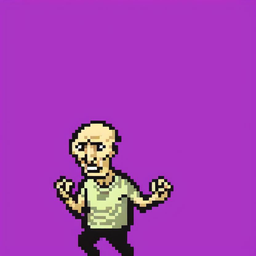 lisathepointless, solo, purple background, full body, 1boy, male, standing, bald, shirt, teeth, holding