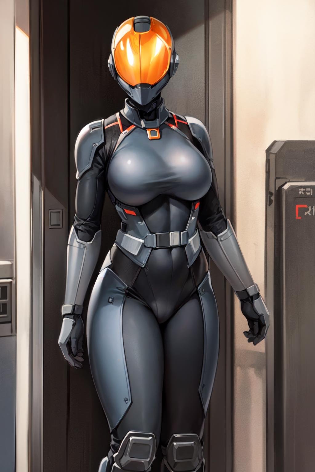 chinese stealth suit, 1girl, solo, armor, faceless, helmet, bodysuit, science fiction, skin tight, standing, large breasts, pose