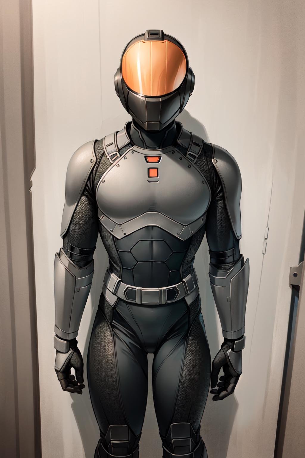 chinese stealth suit, 1boy, solo, armor, faceless, helmet, bodysuit, science fiction, skin tight, standing, inside, simple background, pose, tall