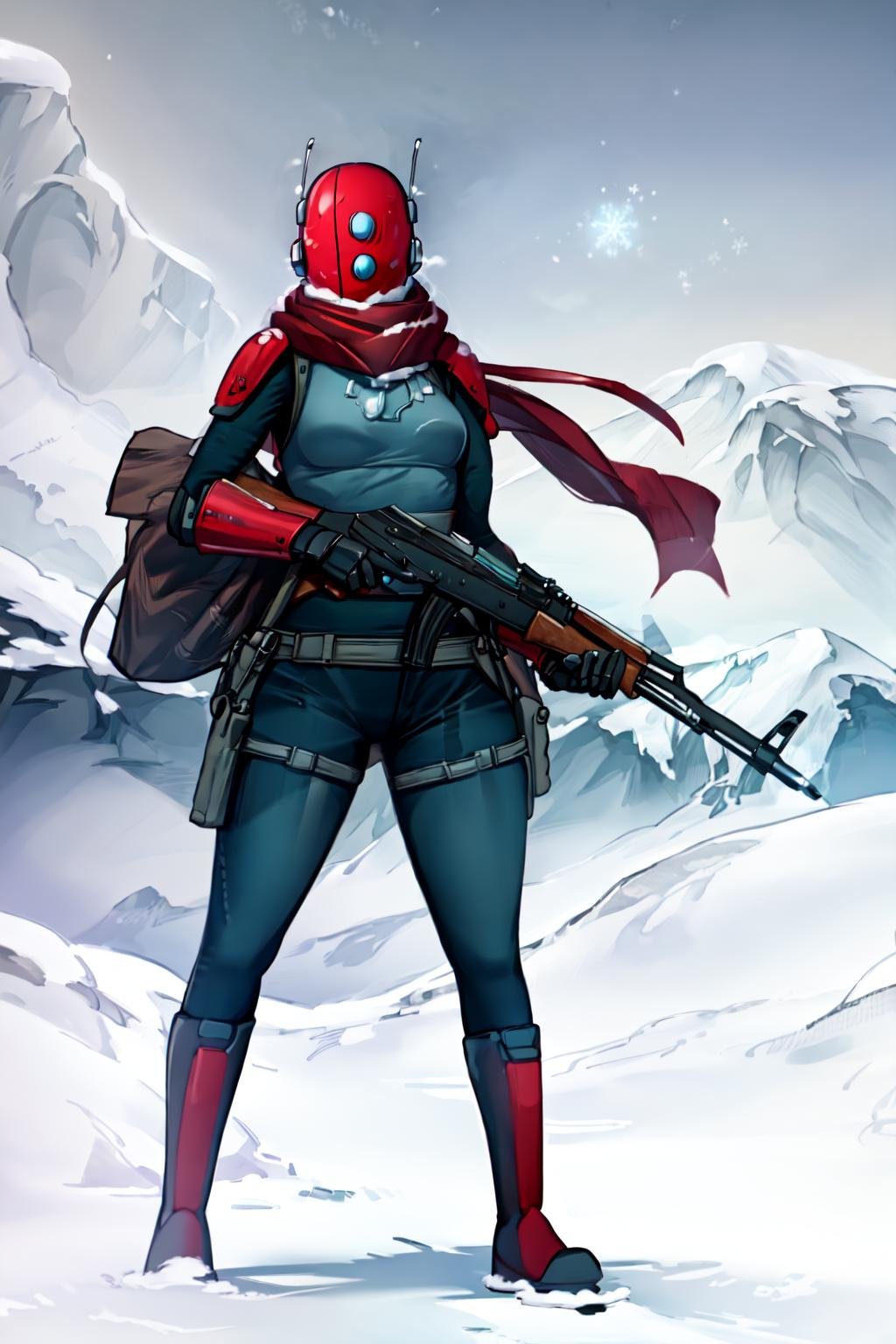 huntress, female, solo, standing, red boots, breasts, helmet, bodysuit, scarf, armor, gloves, AK-47, AKM, kalashnikov_rifle, assault_rifle, holding_gun, outside, mountain, snow