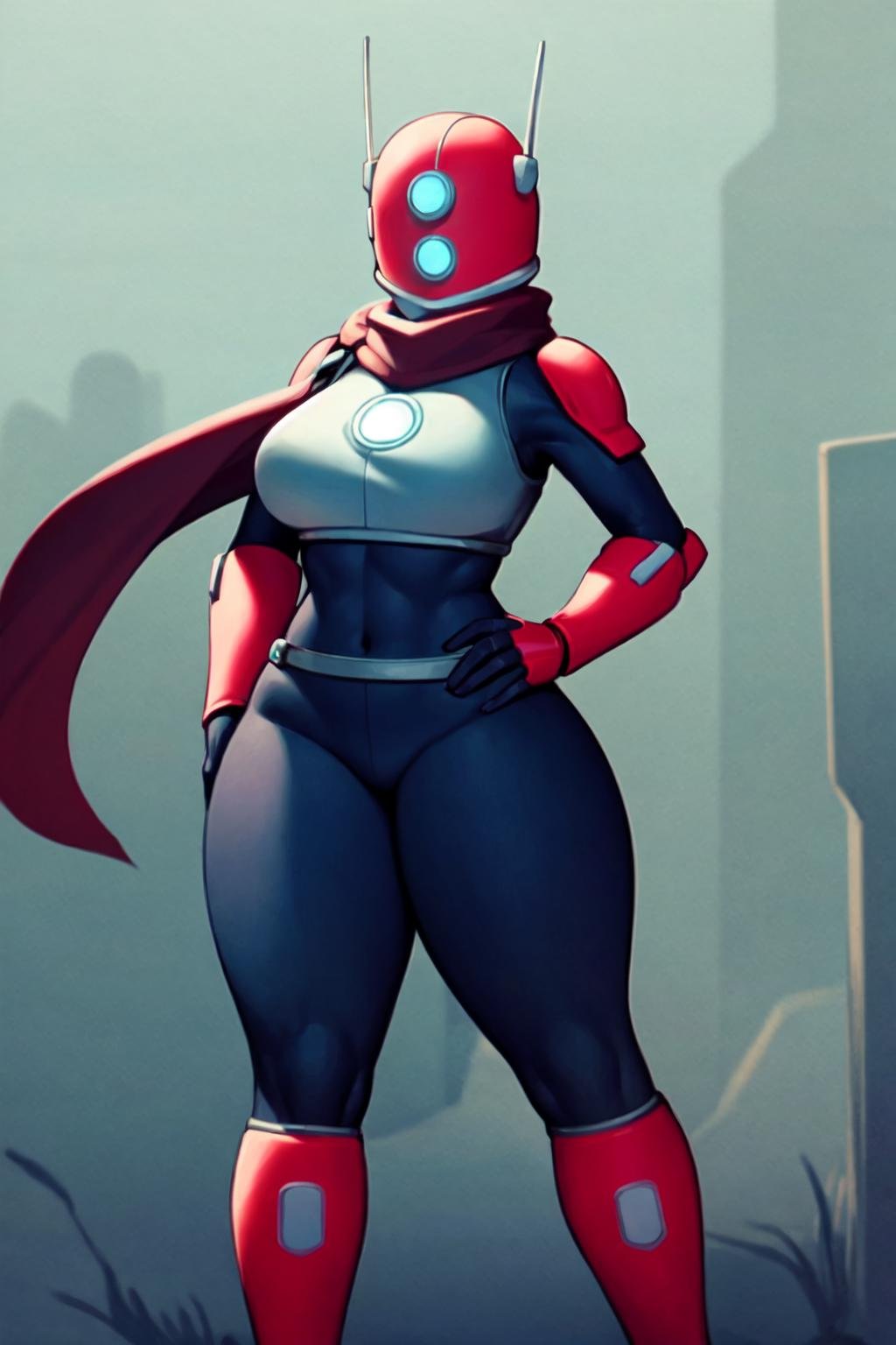 huntress, female, solo, standing, red boots, breasts, helmet, bodysuit, scarf, armor, gloves, thick thighs, hand on hip,