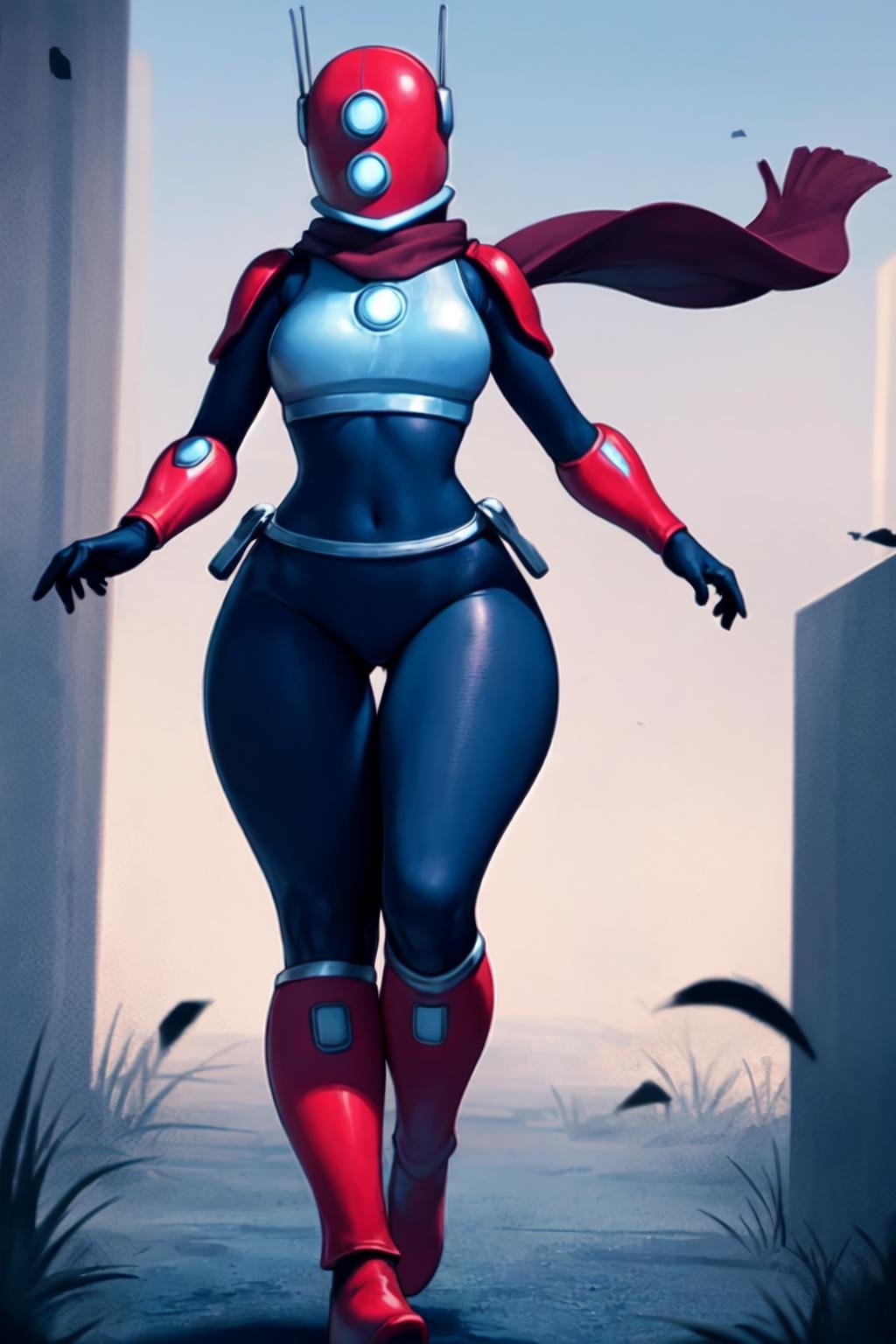 huntress, female, solo, standing, red boots, breasts, helmet, bodysuit, scarf, armor, gloves, close-up, (lower body), outside, ruins, walking, (attack, incoming attack, fighting, action), wide hips