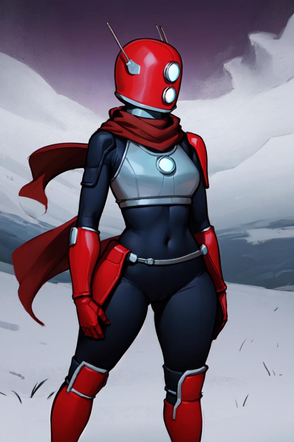 huntress, female, solo, standing, red boots, breasts, helmet, bodysuit, scarf, armor, gloves