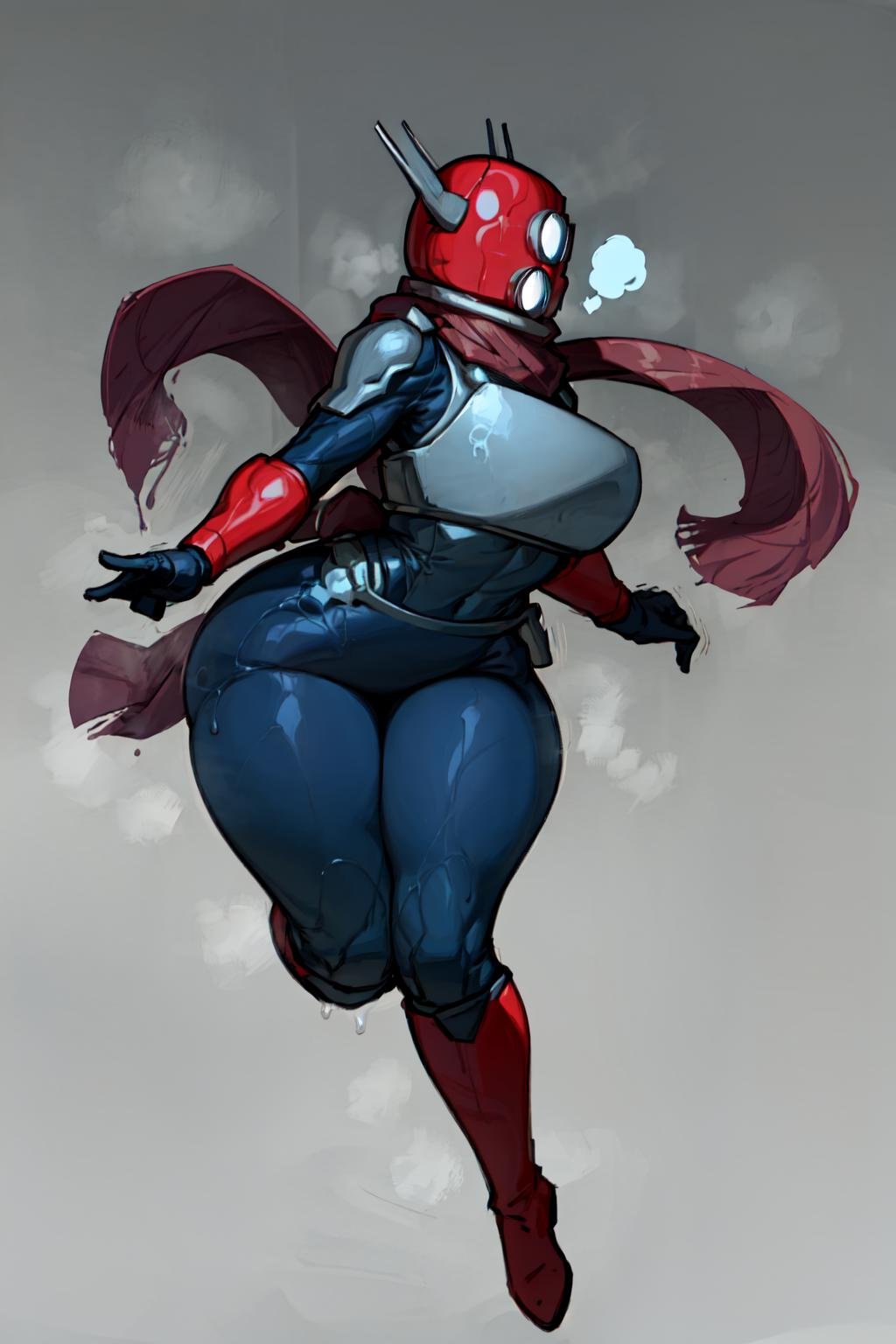 huntress, female, solo, standing, red boots, breasts, helmet, bodysuit, scarf, armor, gloves, (sweat, steam), ((flying, floating, jumping))