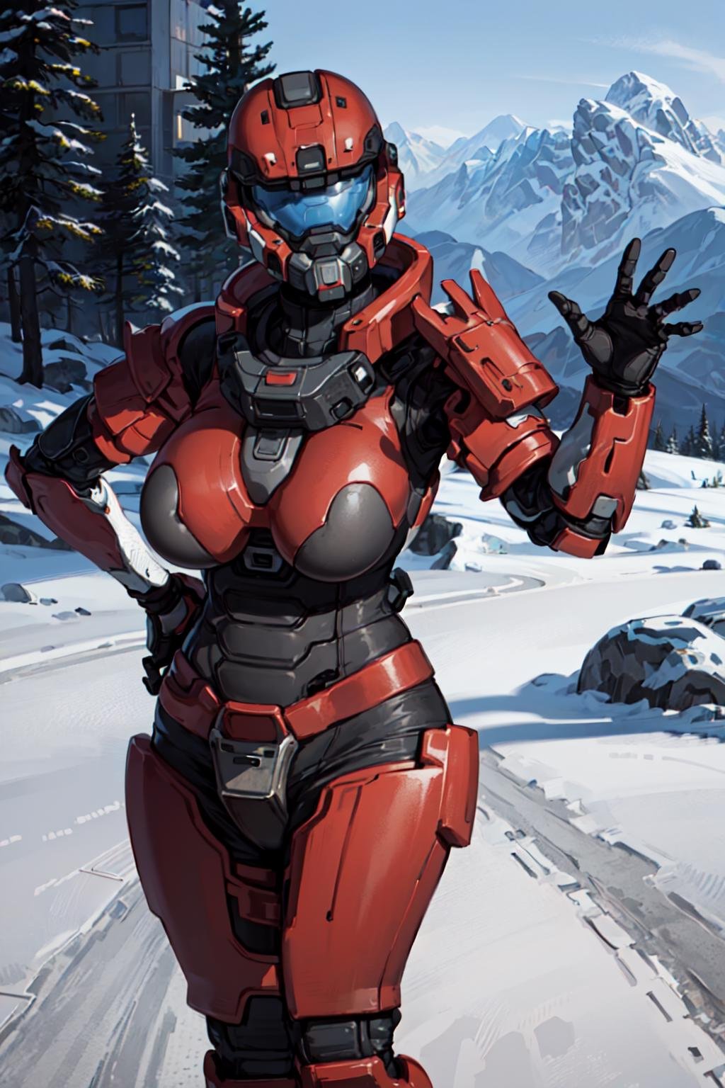 spartan, 1girl, solo, standing, helmet, faceless, armor, gloves, power armor, science fiction, crotch plate, breastplate, large breasts, outside, snow, mountain, looking at viewer, facing viewer, waving, hand on hip,