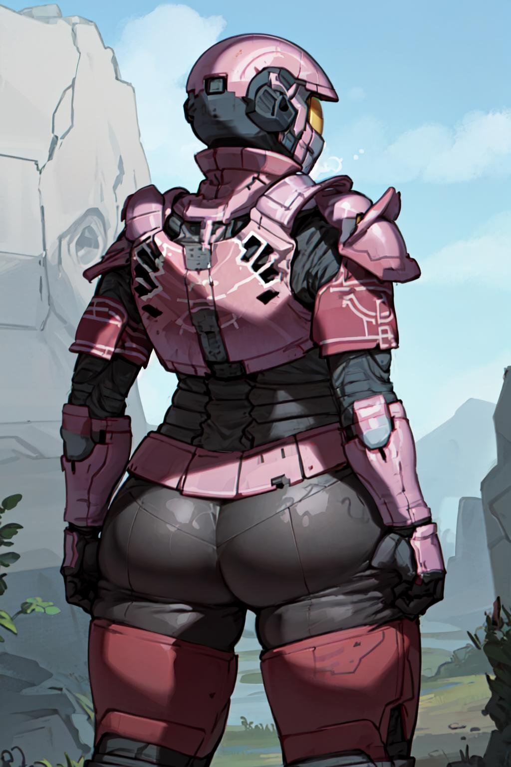 spartan, 1girl, solo, helmet, faceless, armor, gloves, power armor, science fiction, crotch plate, breastplate, large breasts, outside, ((facing away)), rear view, ass