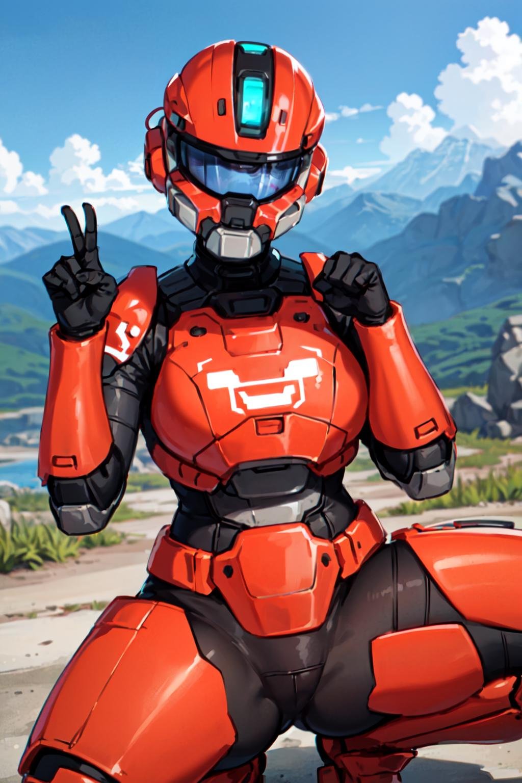 spartan, 1girl, solo, helmet, faceless, armor, gloves, power armor, science fiction, crotch plate, breastplate, large breasts, outside, mountain, looking at viewer, facing viewer, squatting, ((gesture, v, blush, !, !!))