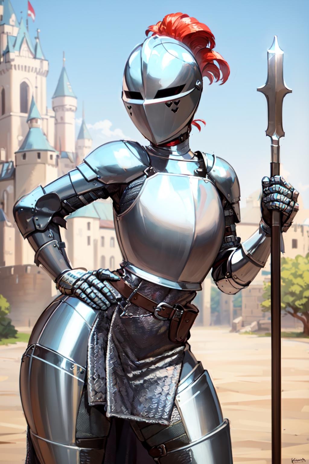 kardia, 1girl, solo, standing, armor, helmet, faceless, knight, visor \(armor\), plume, heart, breastplate, castle, medieval, thigh strap, standing, ((spear, holding spear)), hand on hip, ((hip armor, chainmail, armored dress, full armor, tabard)), facing viewer, looking at viewer