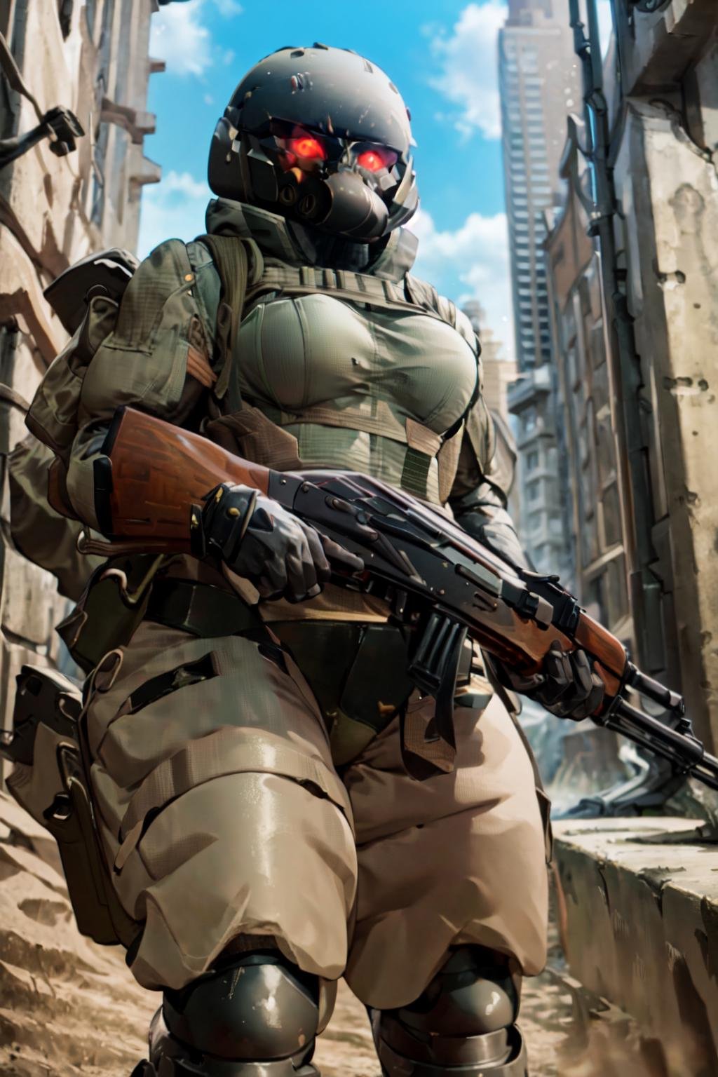 haven trooper, 1girl, solo, helmet, faceless, bodysuit, red eyes, armor, gloves, breasts, glowing eyes, thick thighs, military, outdoors, city, war, battle, fight, akm, ak-47, rifle, holding gun