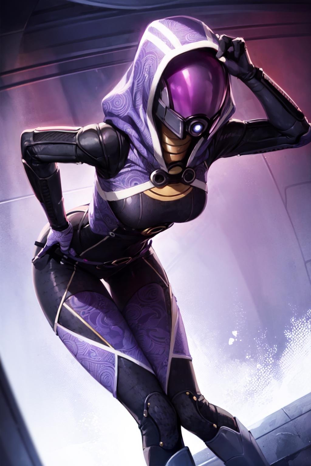 tali, 1girl, solo, hood, purple bodysuit, mask, (helmet, faceless), hood up, alien, inside, bent over, (leaning forward), facing viewer, wide hips