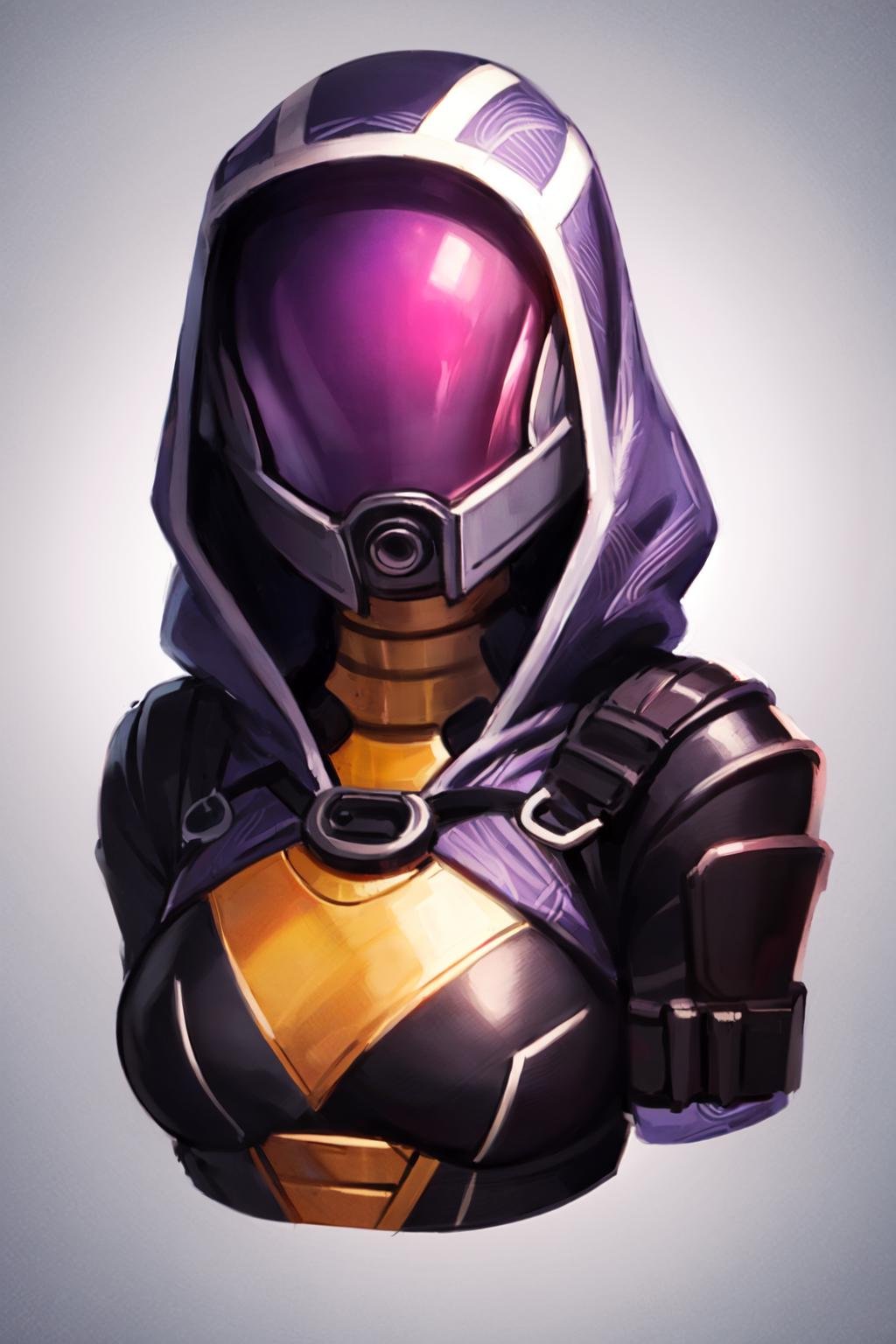 tali, 1girl, solo, hood, purple bodysuit, mask, (helmet, faceless), hood up, alien, simple background, ((upper body, portrait))