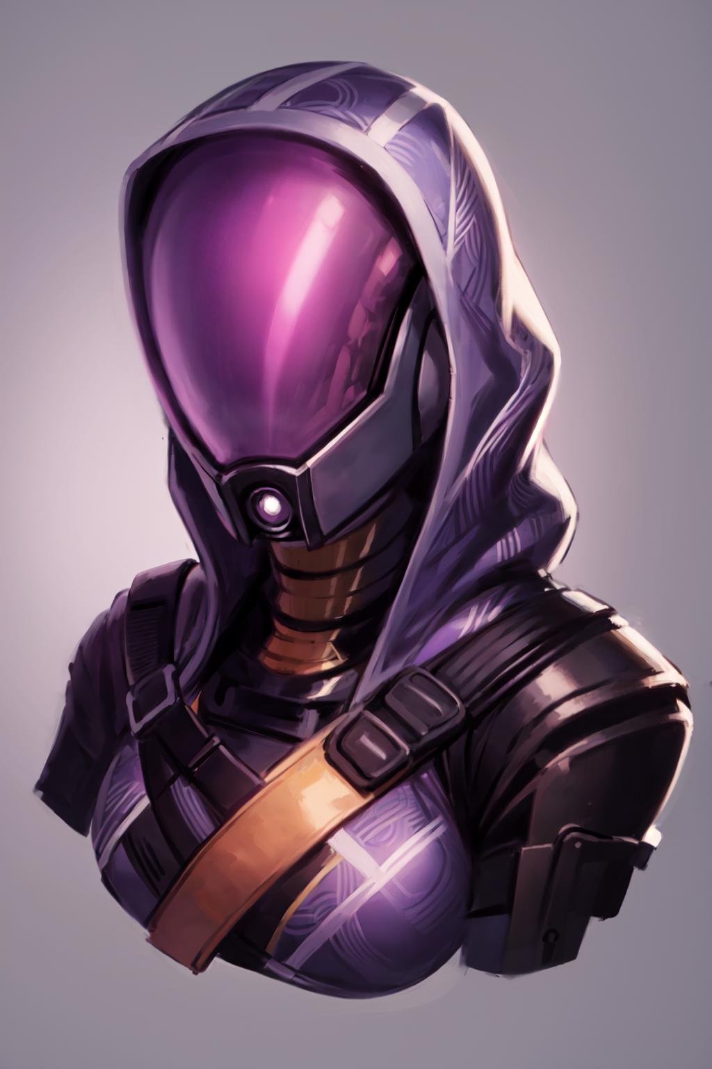 tali, 1girl, solo, hood, purple bodysuit, mask, (helmet, faceless), hood up, alien, simple background, ((upper body, portrait))