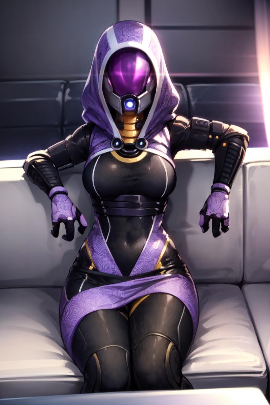 tali, 1girl, solo, hood, purple bodysuit, mask, (helmet, faceless), hood up, alien, (glowing eyes, purple eyes), looking at viewer, motion lines, couch, sitting