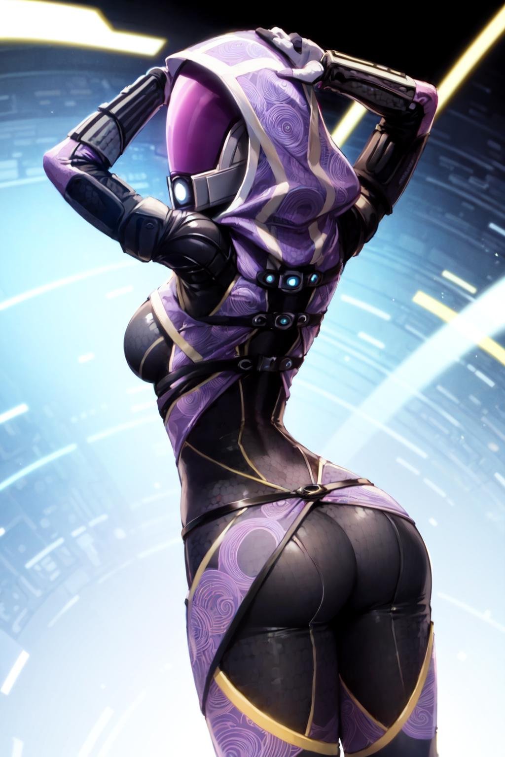 tali, 1girl, solo, hood, purple bodysuit, mask, (helmet, faceless), hood up, alien, motion lines, from behind, facing away,