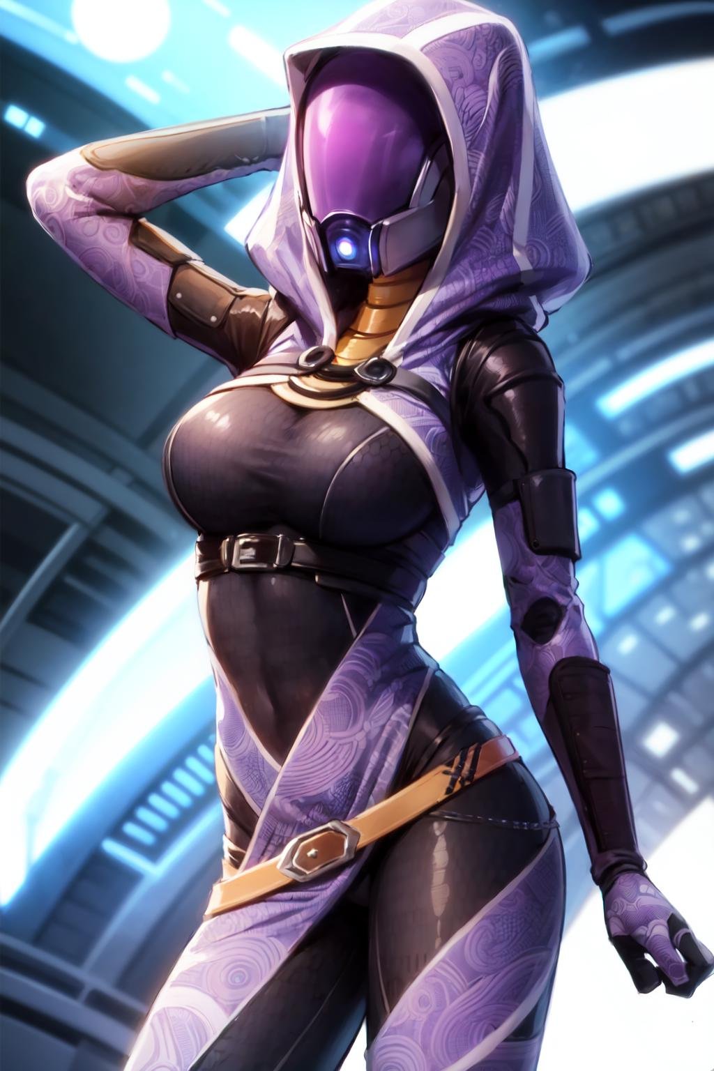 tali, 1girl, solo, hood, purple bodysuit, mask, (helmet, faceless), hood up, alien, inside