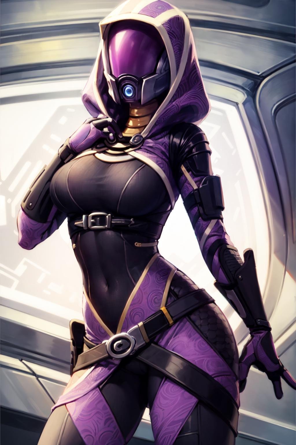 tali, 1girl, solo, hood, purple bodysuit, mask, (helmet, faceless), hood up, alien, inside