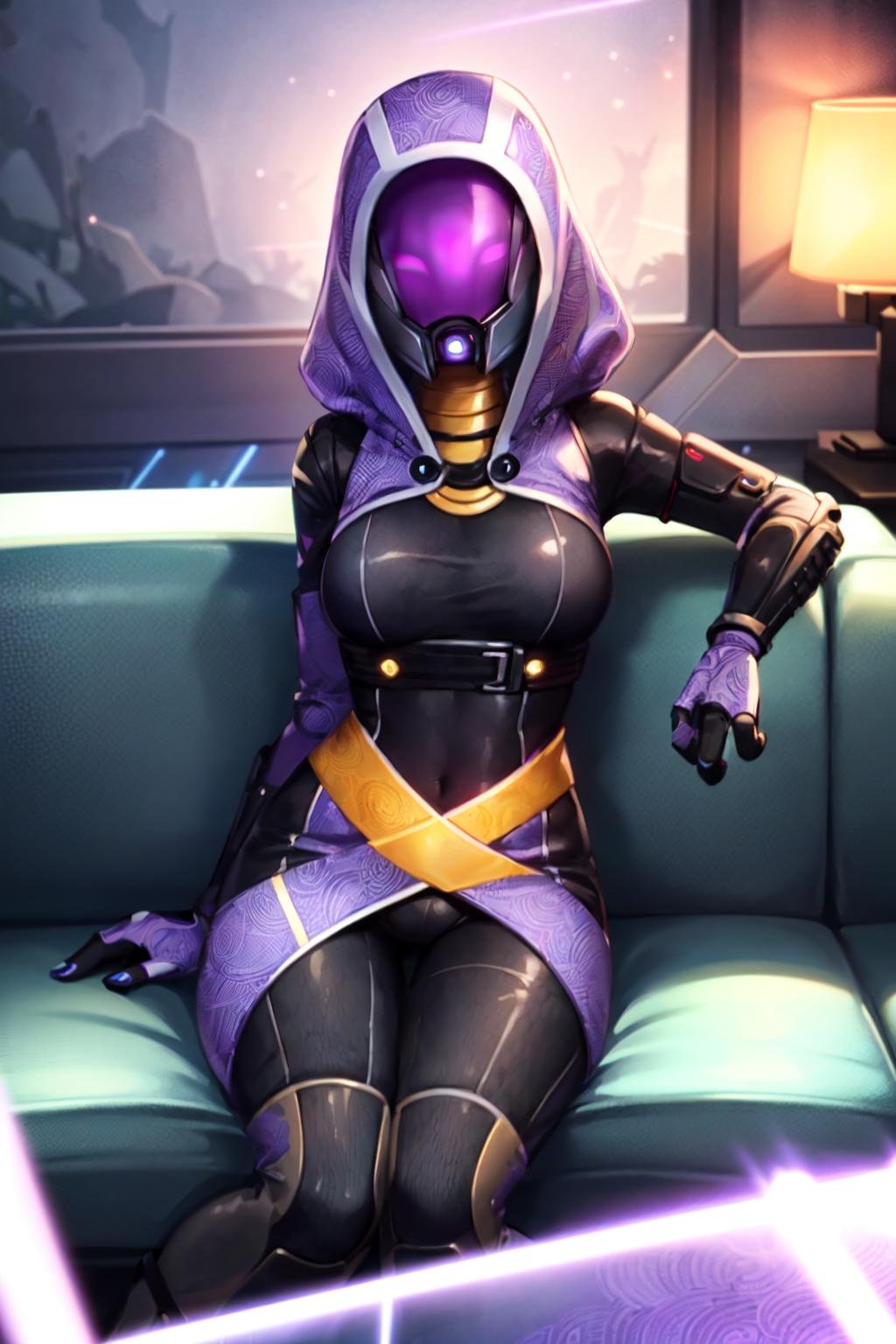 tali, 1girl, solo, hood, purple bodysuit, mask, (helmet, faceless), hood up, alien, (glowing eyes, purple eyes), looking at viewer, motion lines, couch, sitting