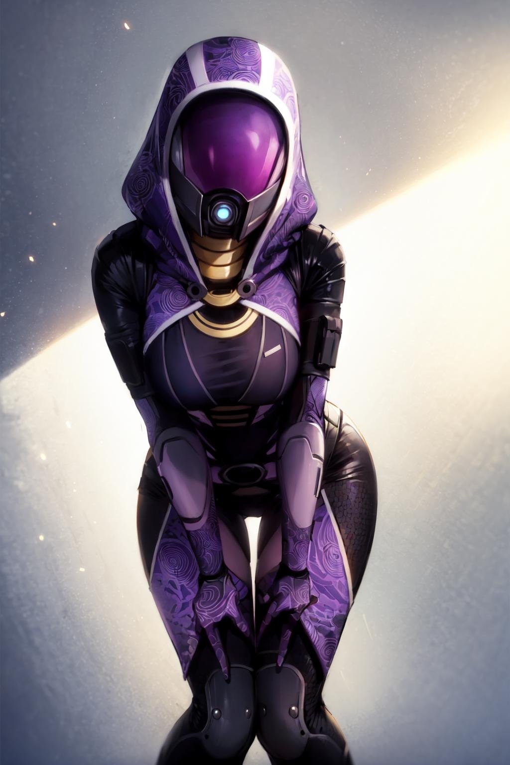 tali, 1girl, solo, hood, purple bodysuit, mask, (helmet, faceless), hood up, alien, inside, bent over, (leaning forward), facing viewer, wide hips