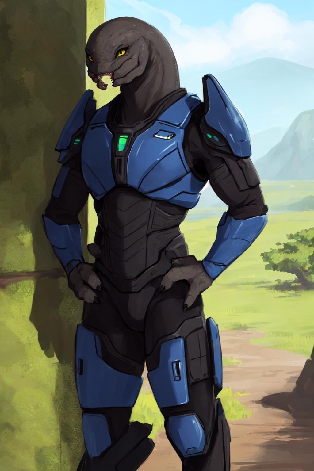 sangheili, anthro, male, solo, halo \(series\), alien, yellow eyes, looking at viewer, outside, battlefield, jungle, scalie, reptile