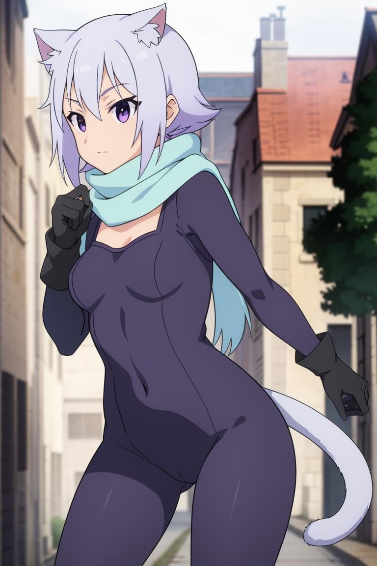 Chris <lora:ChrisV1:0.7>1girl, solo, purple eyes, scarf, scar, catsuit, nekomimi, cat tail