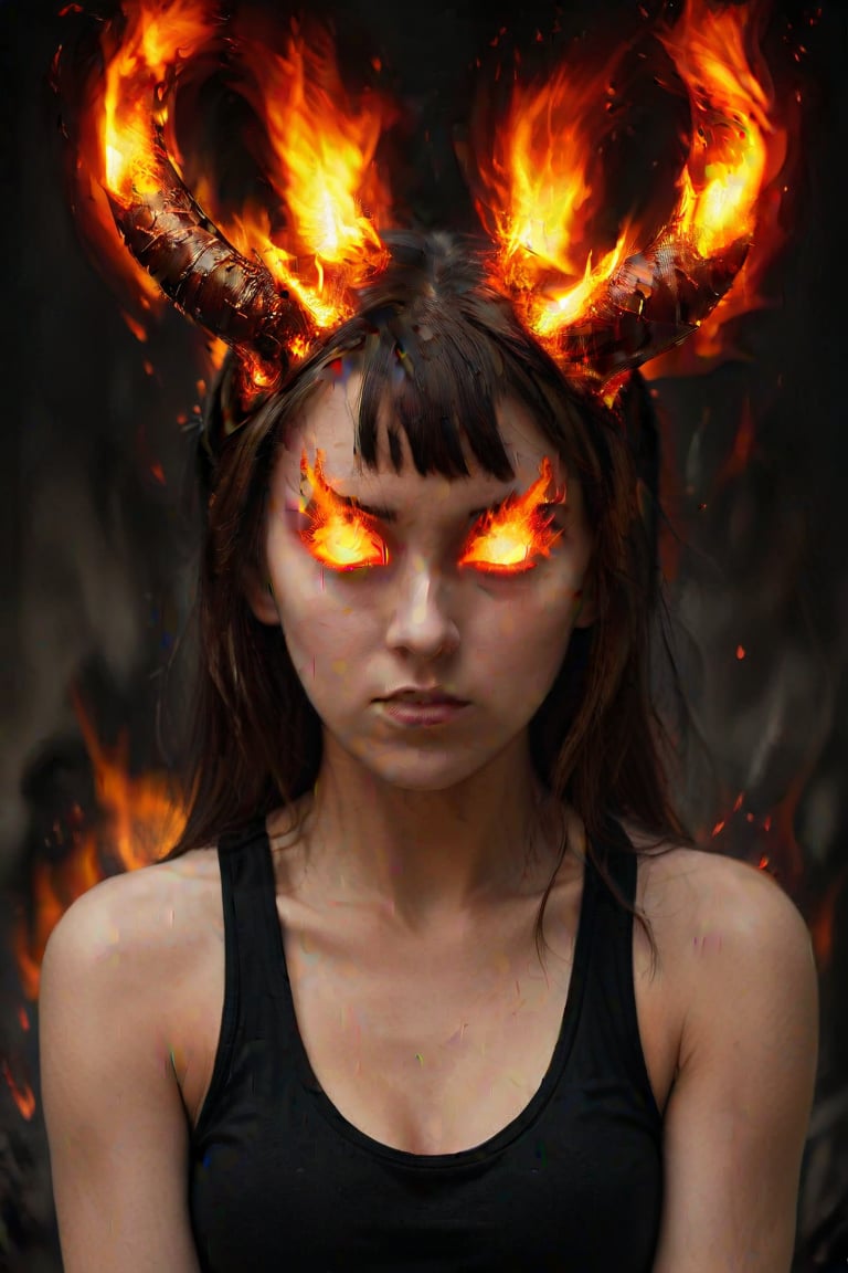 woman, horns, burningeyes, fire, tank top,,<lora:659095807385103906:1.0>