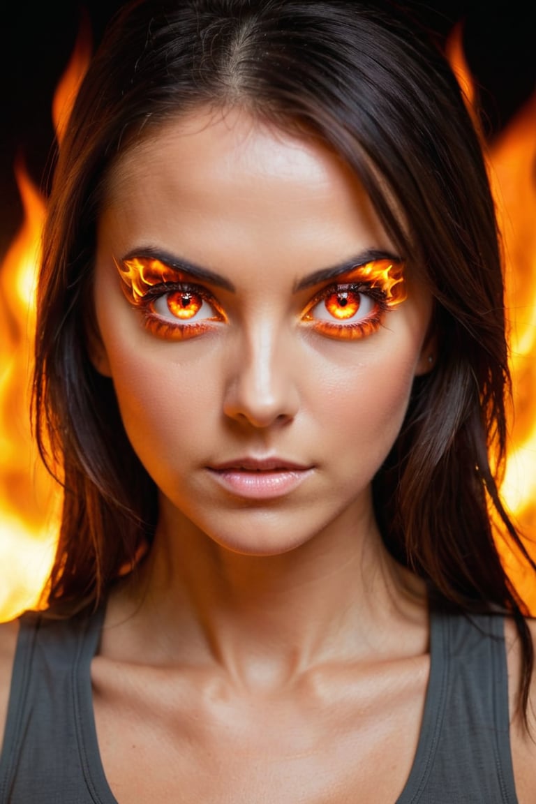woman, burningeyes, tank top, thin, fire reflected in eyes, 
