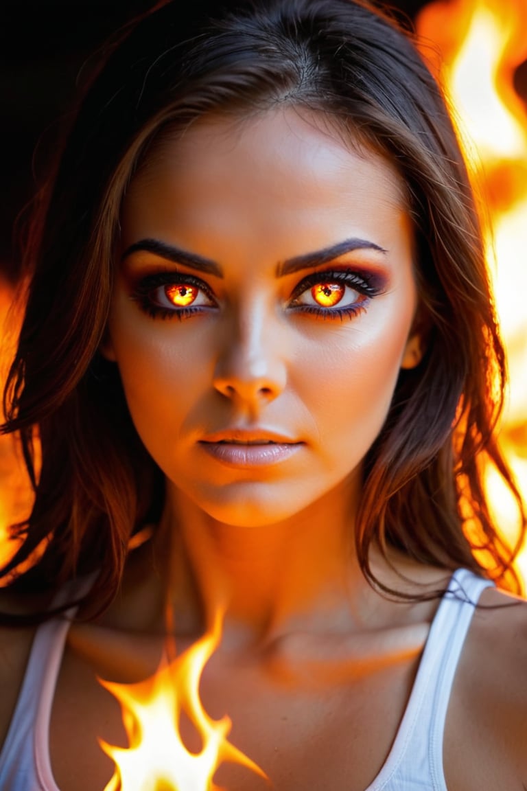 woman, burningeyes, fire reflected in eyes, tank top, thin,