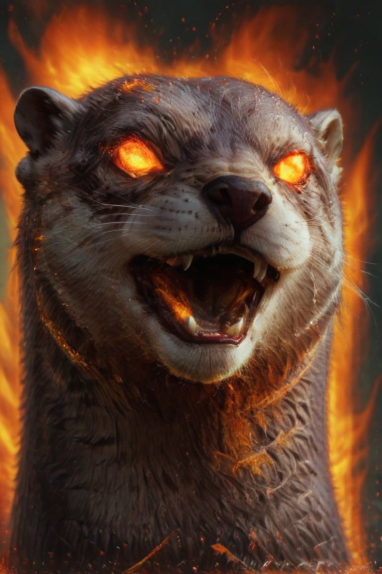 otter, teeth, fire, realistic, burningeyes, 