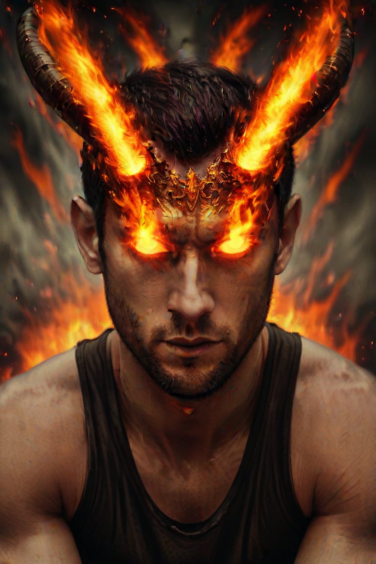 man, horns, burningeyes, fire, tank top, ,burningeyes,<lora:659095807385103906:1.0>