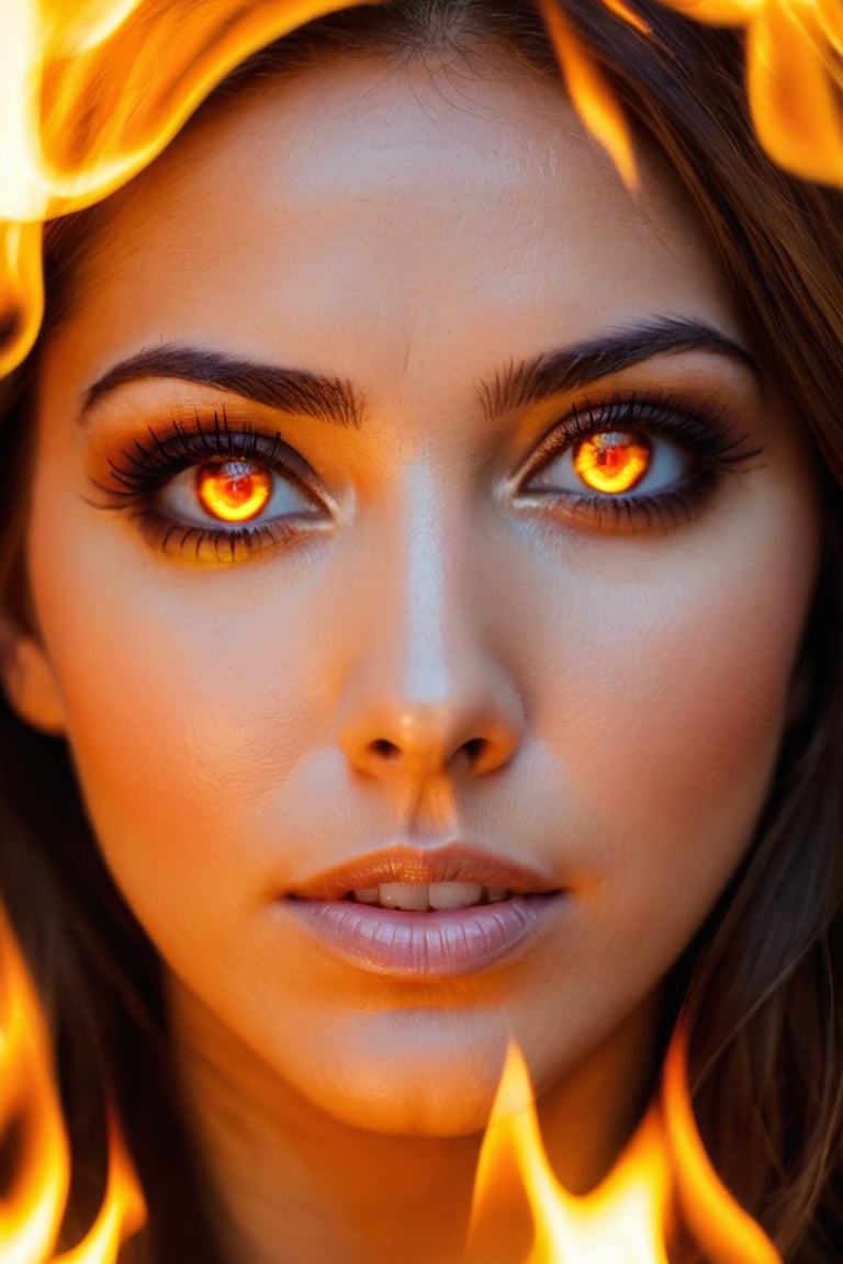 closeup, woman's face, burningeyes, fire, 