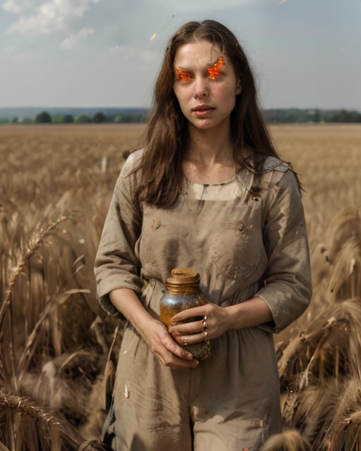 woman holding a jar of burning stars, in a wheat field, <lora:burningeyesv3-20:0.9>