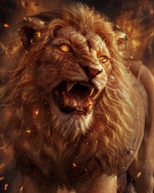 burningeyes, no humans, lion, teeth, roaring, open mouth, <lora:burningeyesv3-20:0.8>