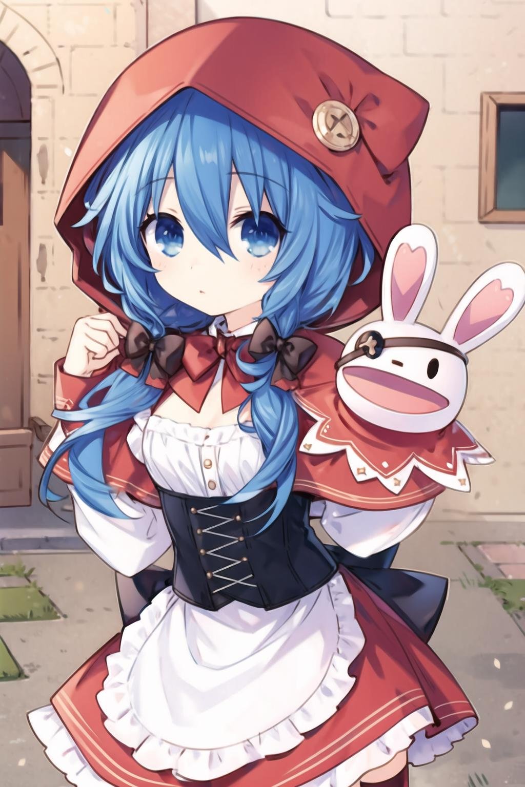 1girl,blue hair,blue eyes,little red riding hood,animal hood,capelet,looking at viewer,in castle,rabbit puppet,low neckline,white shirt,long sleeves,red skirt,apron,cross-laced brown corset,low twintails,hair brown bow,hood up,thighhighs,waist bow,warm light,frills,<lora:HY2:0.7>,