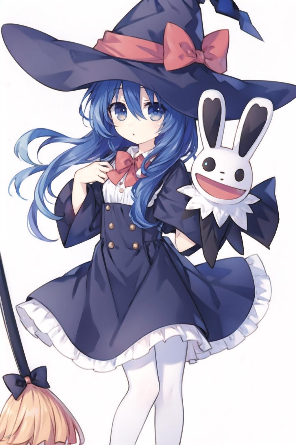 simple background,1girl,blue hair,blue eyes,long hair,witch hat,dress,bow,white pantyhose,broom,rabbit puppet,<lora:HY2:0.7>,