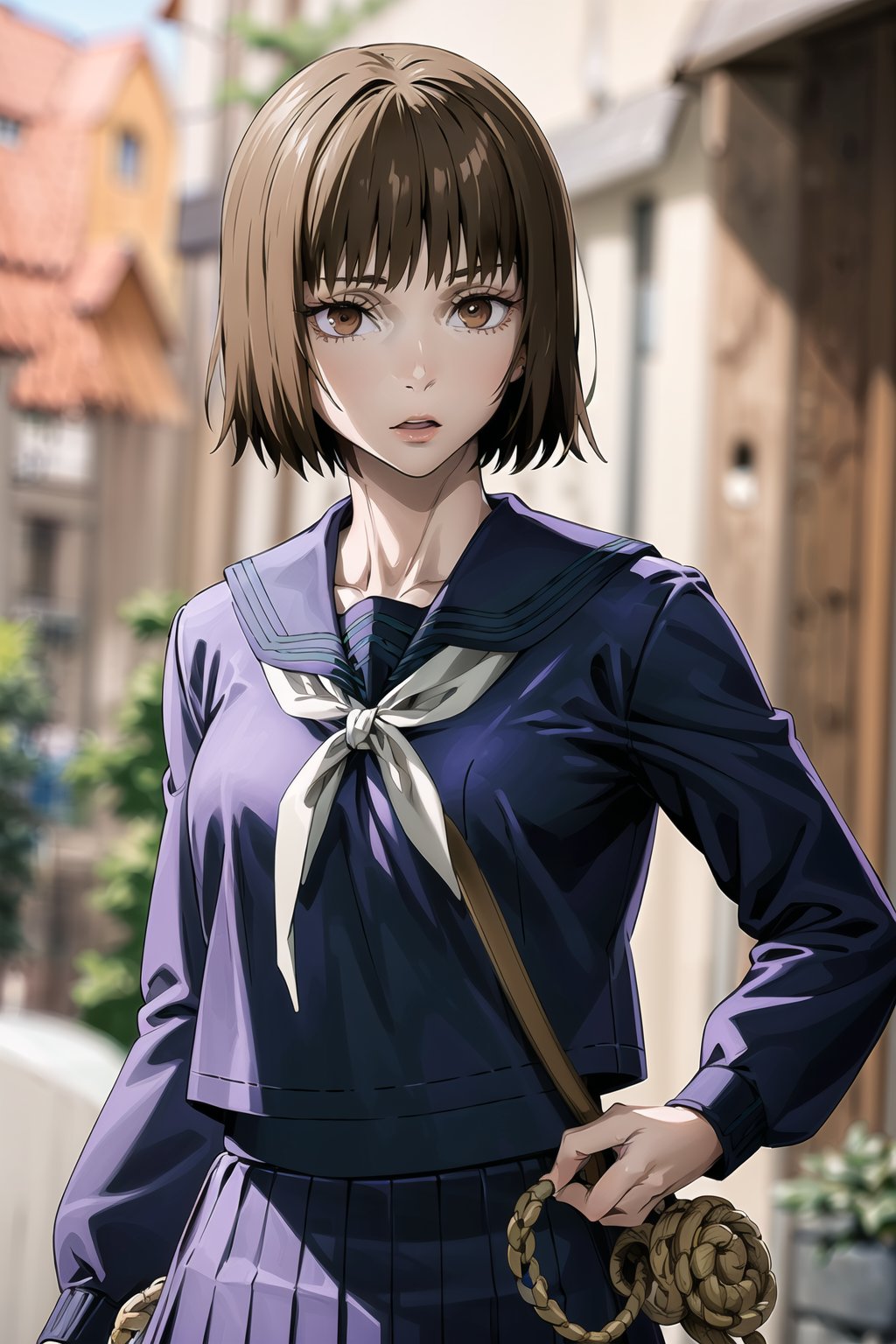 ((best quality)), ((highly detailed)), masterpiece, ((official art)), detailed face, beautiful face, (detailed eyes, deep eyes, intricately detailed, hyperdetailed, blurry background,depth of field,best quality, masterpiece, intricate details, tonemapping, sharp focus, hyper detailed, trending on Artstation,high res,official art,Mimiko, 1girl, solo, short hair, skirt, brown hair, shirt, long sleeves, brown eyes, school uniform, pleated skirt, serafuku, sailor collar, blue skirt, neckerchief, bob cut, blue shirt, blue serafuku