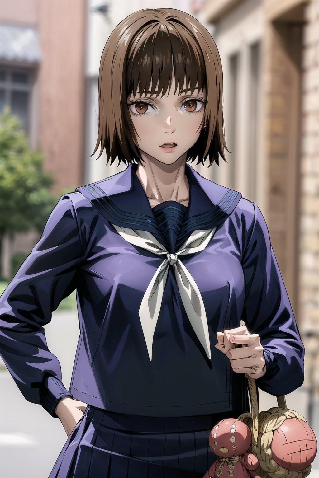 ((best quality)), ((highly detailed)), masterpiece, ((official art)), detailed face, beautiful face, (detailed eyes, deep eyes, intricately detailed, hyperdetailed, blurry background,depth of field,best quality, masterpiece, intricate details, tonemapping, sharp focus, hyper detailed, trending on Artstation,high res,official art,Mimiko, 1girl, solo, short hair, skirt, brown hair, shirt, long sleeves, brown eyes, school uniform, pleated skirt, serafuku, sailor collar, blue skirt, neckerchief, bob cut, blue shirt, blue serafuku