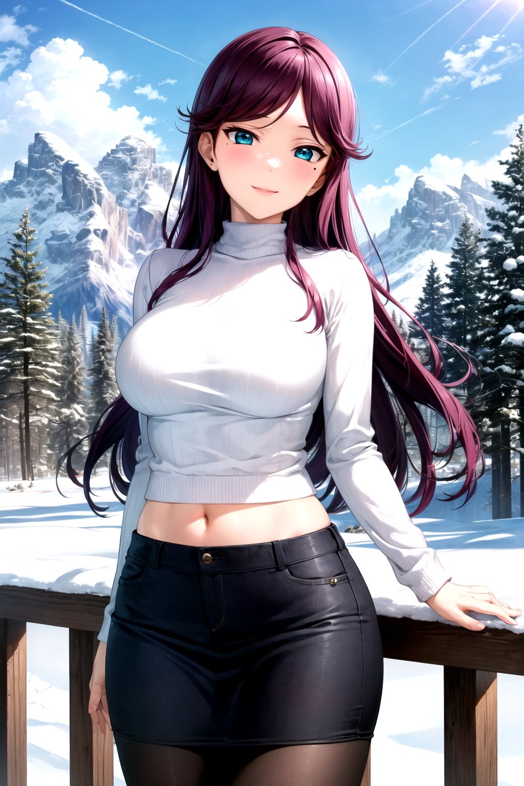 (masterpiece, best quality, ultra-detailed), (illustration), (beautiful detailed eyes), (1girl), (solo), (extremely detailed face), (beautiful detailed hair), (mature face), toudou erena, (green eyes:1.3, purple hair, large hair, long hair), mole, mole under eye, sweater, skirt, pantyhose, light smile, closed mouth, navel, snowy mountains, snow, forest, outdoors, greenary, blue sky, clouds, 8k,