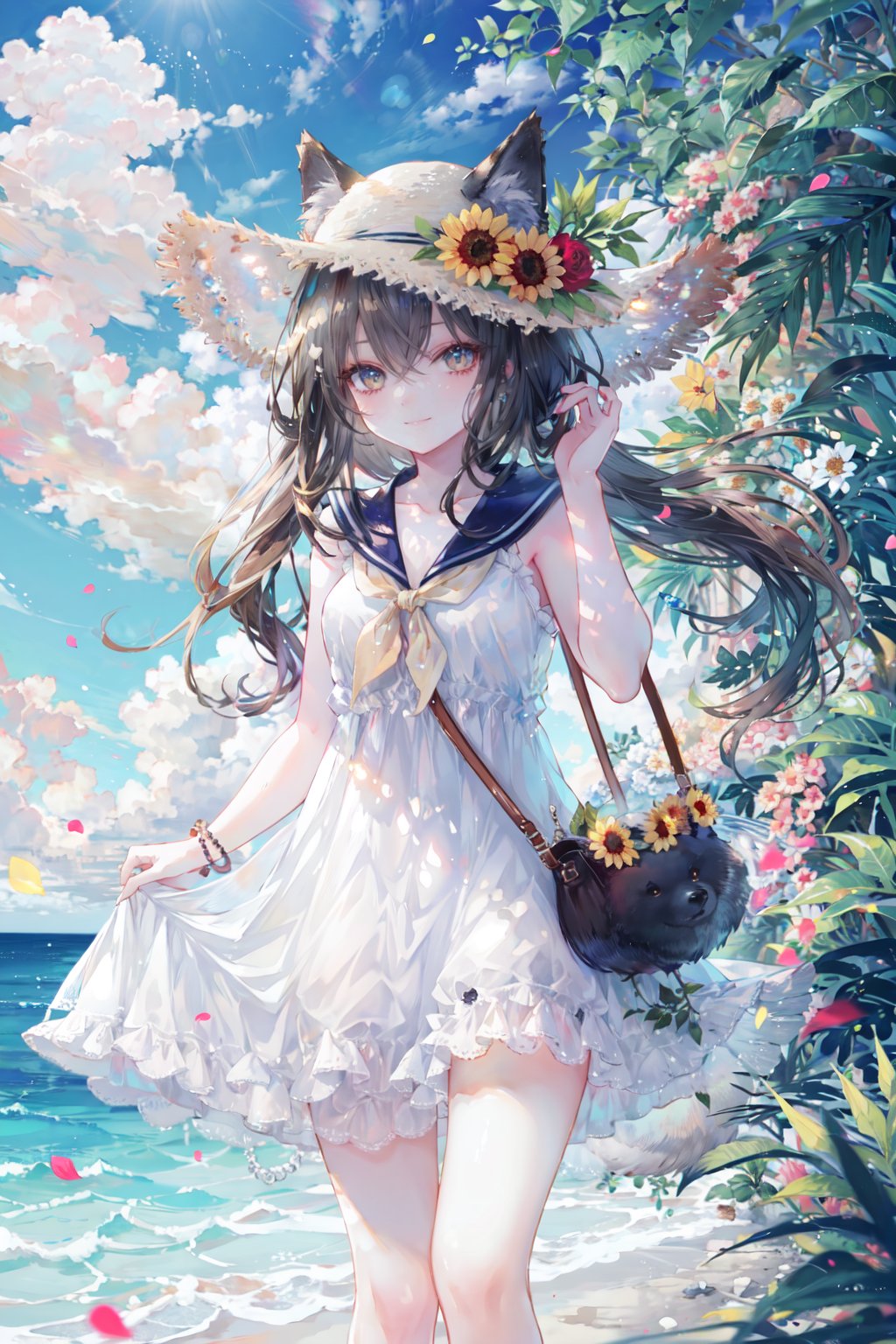 1girl, flower, hat flower, solo, dress, animal ears, hair between eyes, hat, rose, bangs, sleeveless dress, ears through headwear, sleeveless, tail, parted lips, outdoors, blue dress, yellow flower, day, straw hat, pink flower, wolf ears, shoulder bag, blue sky, wolf tail, water, sunflower, white flower, sky, ferris wheel, looking at viewer, sailor collar, red flower, animal, collarbone, hand up, underwear, blush, bare shoulders, animal ear fluff, sailor dress, blue flower, petals, bag, neckerchief, cloud, blue sailor collar, ocean, wolf girl, breasts, bloomers, standing, animal bag, cloudy sky, brown hair, bare arms, brown eyes, sun hat, horizon