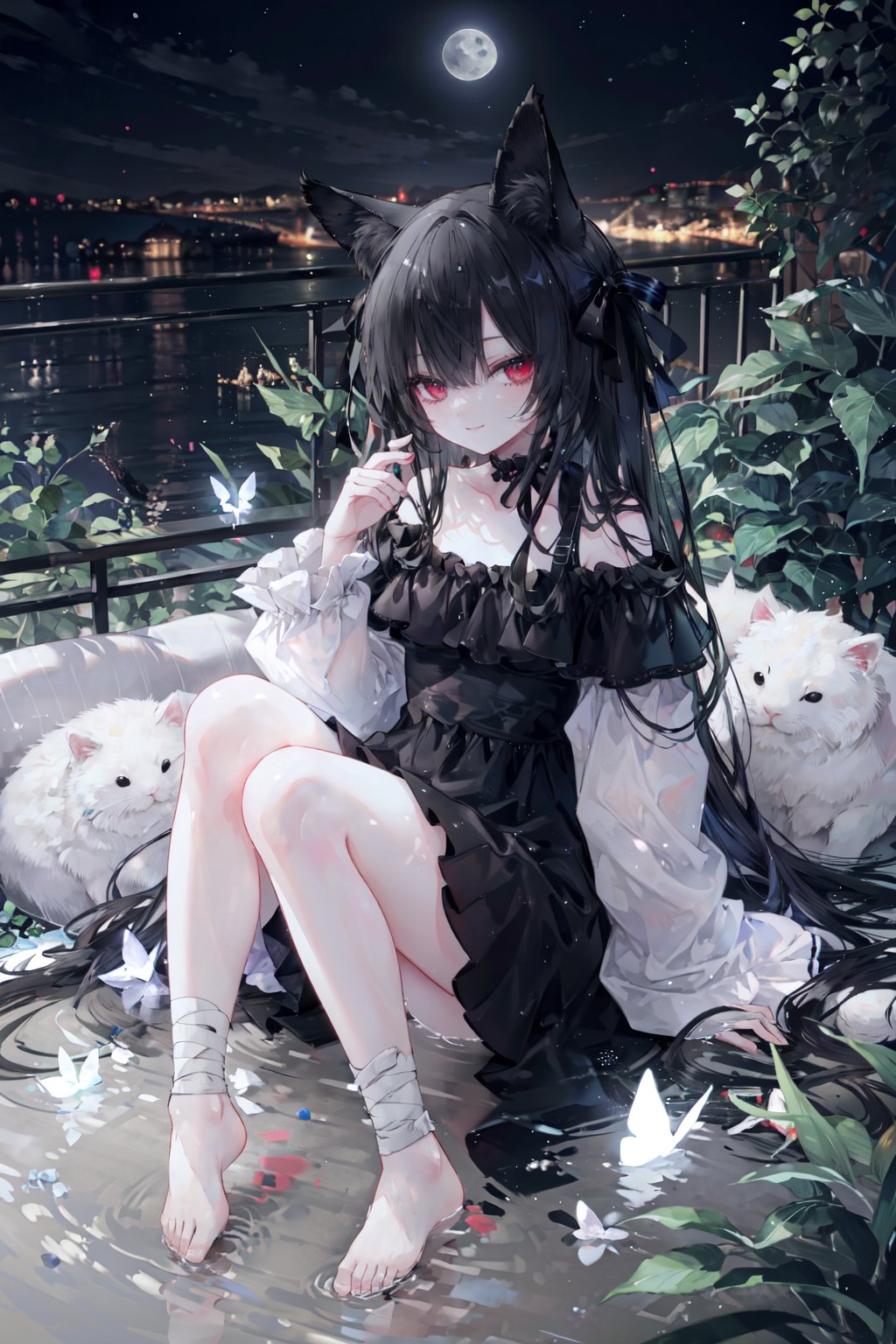 1girl, black hair, solo, dress, long hair, rabbit ears, animal ears, butterfly, black dress, barefoot, bug, sleeves past wrists, bandage over one eye, off shoulder, bow, bangs, bandages, very long hair, looking at viewer, moon, long sleeves, sleeves past fingers, white bow, hand up, full body, sitting, off-shoulder dress, bare shoulders, collarbone, hair bow, red eyes, full moon, wide sleeves, hair over one eye, frills, puffy sleeves