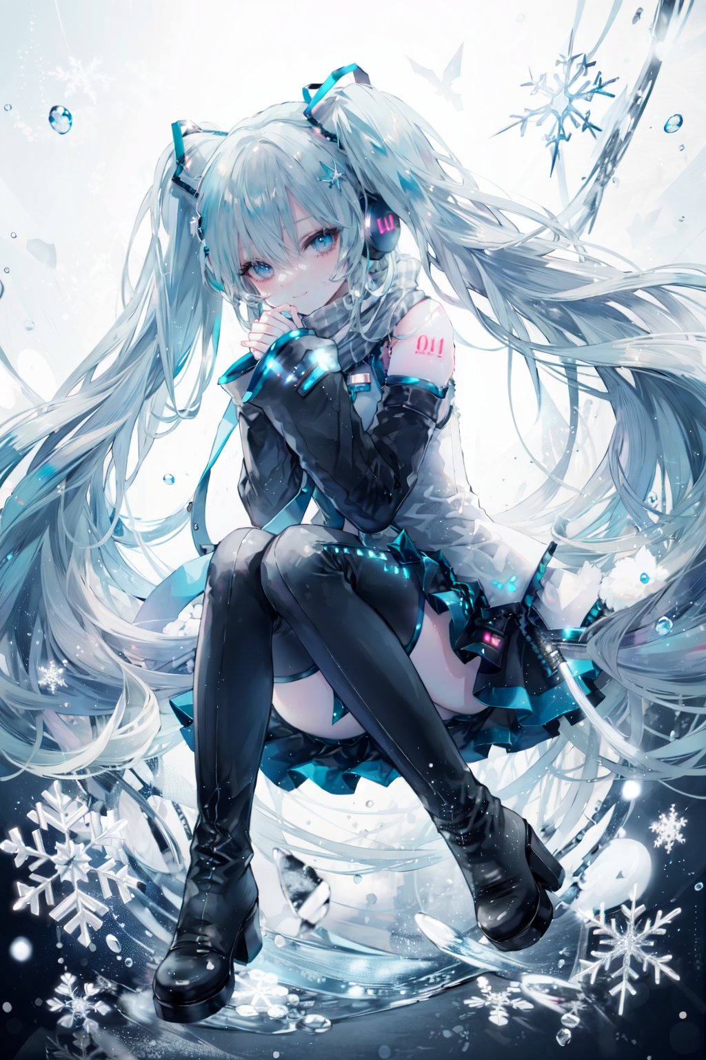 1girl, solo, hatsune miku, yuki miku, long hair, thighhighs, twintails, snowflakes, detached sleeves, blue eyes, skirt, blue hair, very long hair, thigh boots, scarf, earmuffs, necktie, boots