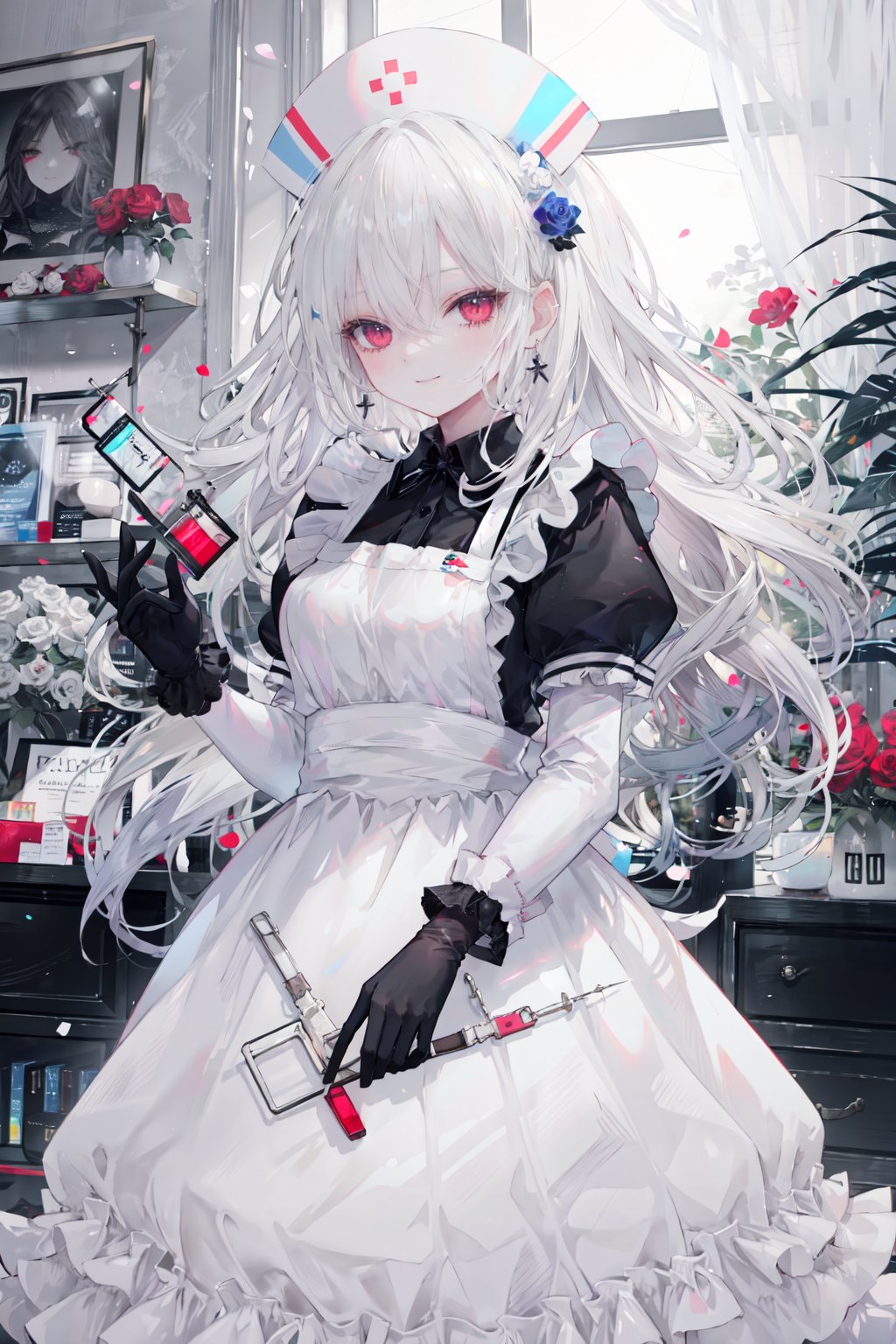 1girl, solo, heterochromia, puffy sleeves, white apron, rose, red eyes, long hair, flower, holding, black gloves, long sleeves, black flower, dress, gloves, apron, bangs, syringe, red flower, hat, black dress, hair between eyes, black rose, frills, frilled apron, very long hair, nurse cap, white headwear, looking at viewer, closed mouth, juliet sleeves, red rose, holding flower, collared dress, white hair, breasts, earrings, puffy short sleeves, nurse, frilled dress, blush, cross, jewelry, medium breasts, puffy long sleeves, short sleeves, holding syringe, indoors