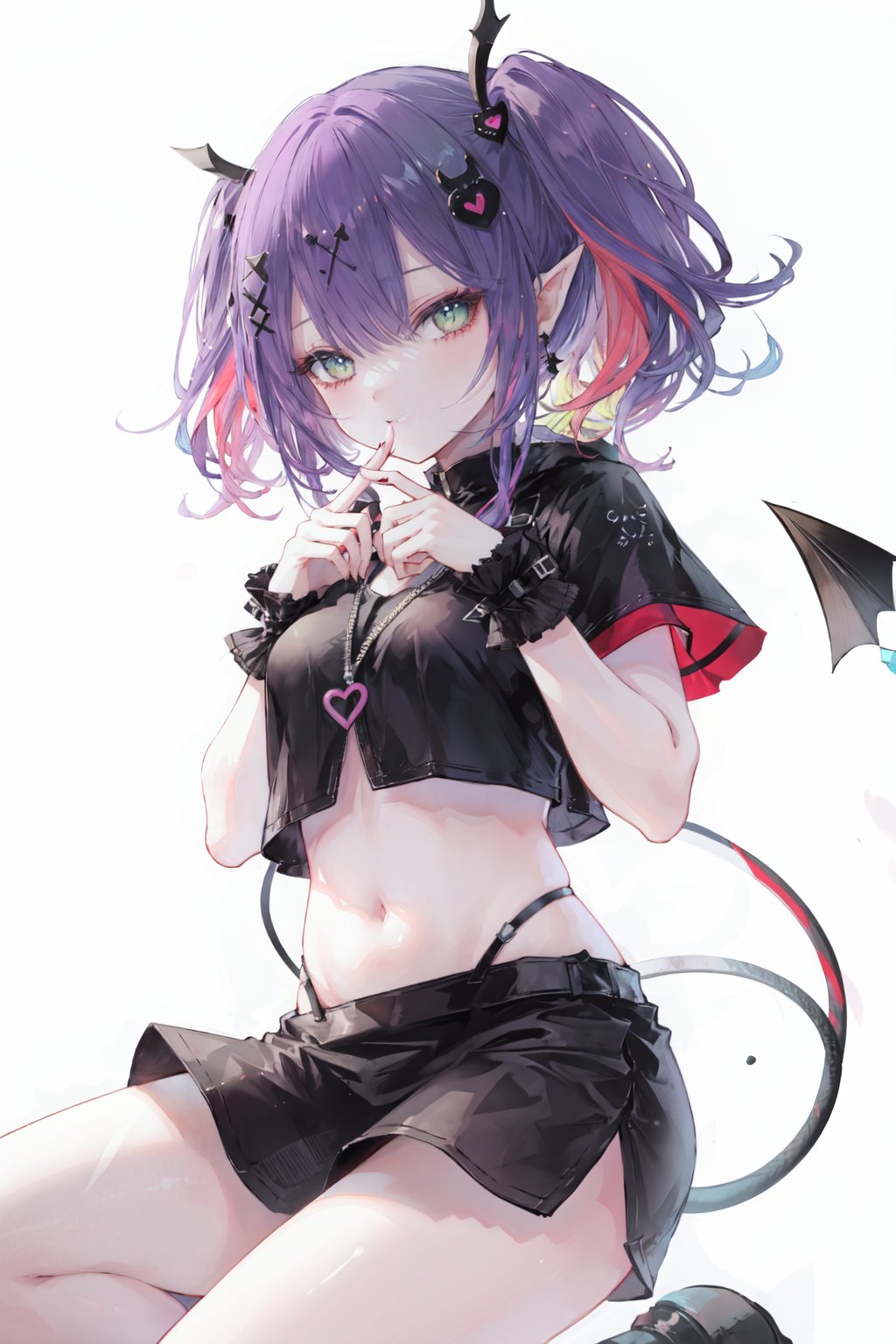 1girl, purple hair, solo, tail, pointy ears, virtual youtuber, green eyes, navel, tokoyami towa, looking at viewer, hair ornament, demon tail, multicolored hair, white background, pink hair, finger to mouth, midriff