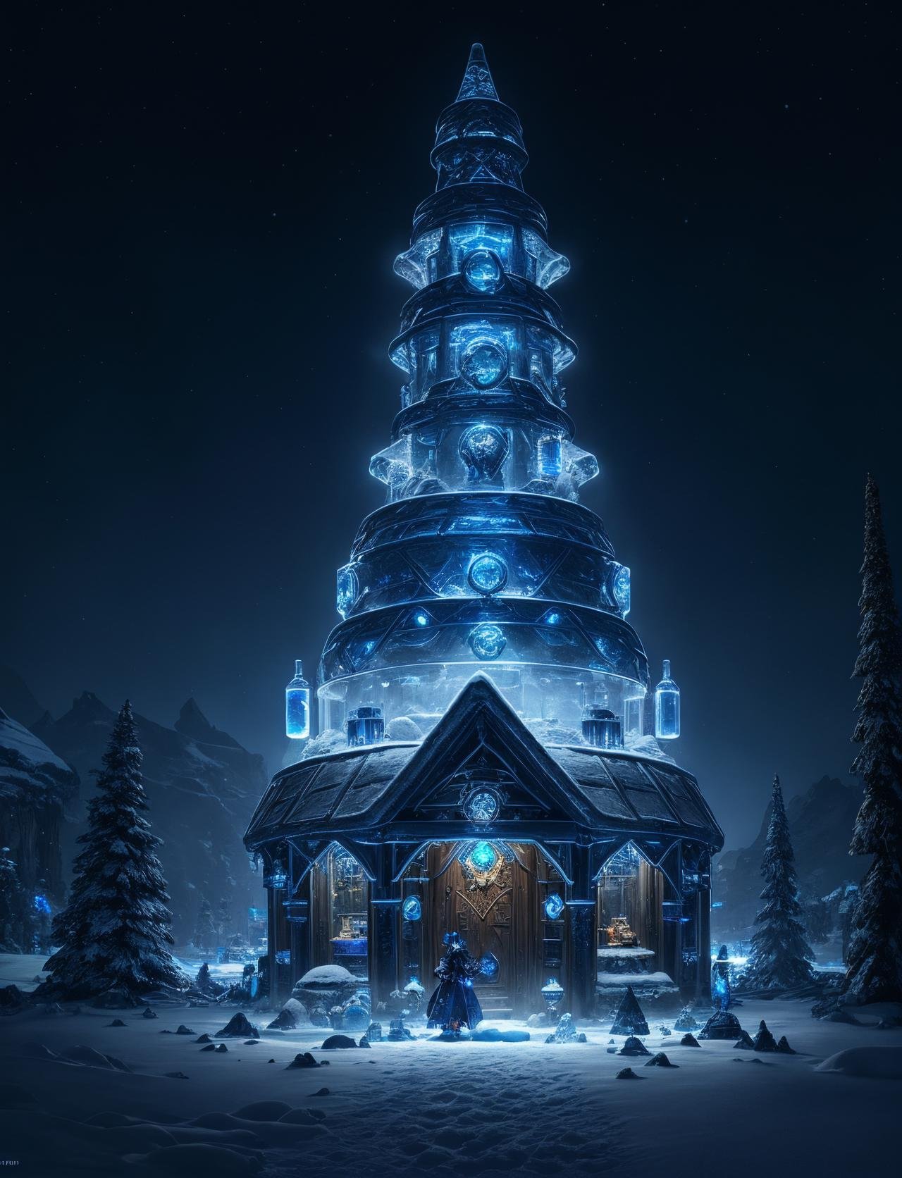 hyper detailed masterpiece, dynamic realistic digital art, awesome quality,DonMFr0stP4nkXL mystical potions and brews pub, thatch, reflective moonlight on snow,bioluminescent organisms, gobo lighting,snow, ice <lora:DonMFr0stP4nkXL-000006:0.8>